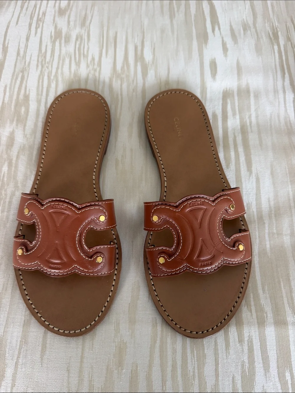 Celine Brown Leather Slide Sandals with Embossed Logo